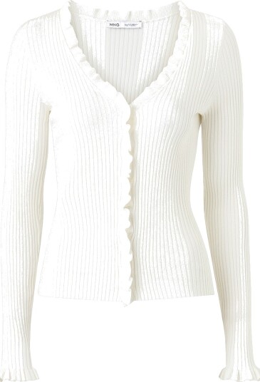 Mango Ribbed Ruffle Cardigan Beige M Mango Ribbed Ruffle Cardigan Beige M