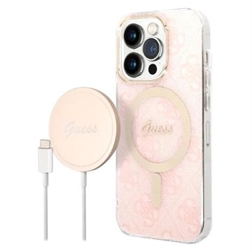 Sett Guess Gubpp14lh4eacsp Deksel+ Lader Iphone 14 Pro 6,1" Rosa/Rosa Hardt Deksel 4G Print Magsafe