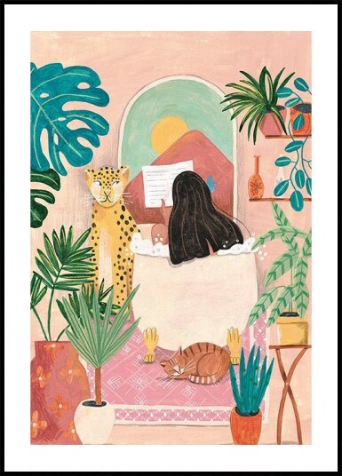 Woman taking bath in pink tropical bathroom Poster Plakat / 40x50cm