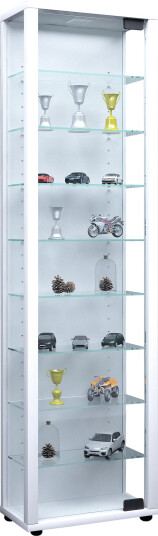 Edana Maxi vitrineskap 1 glassdør med LED-lys, glassmontre med 8 hyller hvit.