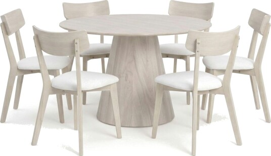 Siena spisegruppe 130 cm rund hvitlasert med 6 Amelia spisestoler med pute Hvitlasert/Beige