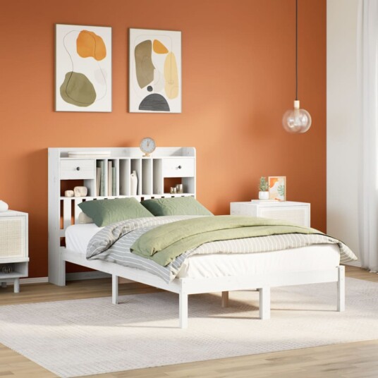 Seng med bokhylle uten madrass hvit 120x200 cm heltre furu 8721158604125