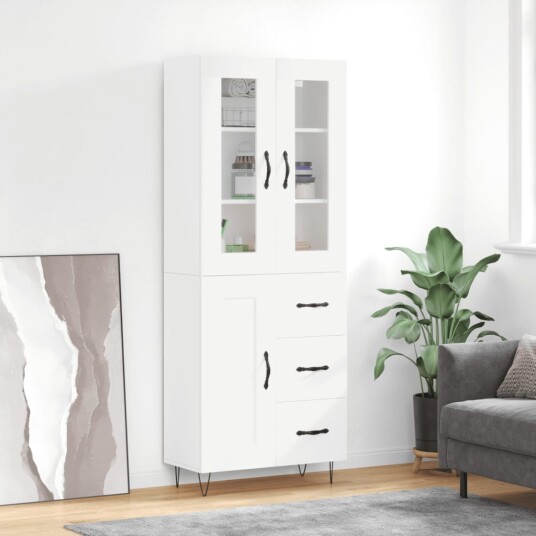 Highboard hvit 69,5x34x180 cm konstruert tre