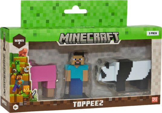 Minecraft Figur S2 Toppeez 3 stk 6 cm Pink Sheep Steve og Panda 145454