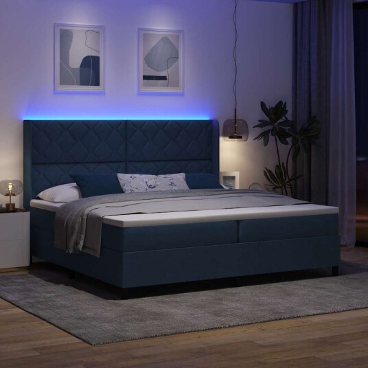 Box Spring Seng med Madrass og LED Blå 200x200 cm Stoff