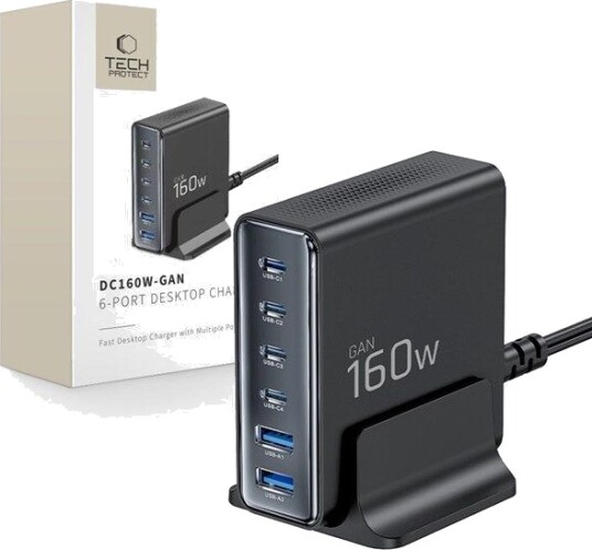 Tech Protect DC160W GAN 6 Port 160W AC Charger Black USB hub USB 2.0 6 porter Svart Tech Protect DC160W GAN 6 Port 160W AC Charger Black USB hub USB 2.0 6 porter Svart