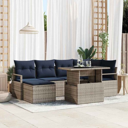 vidaXL Hagesofa Set med lagring 7 pcs Grå og marineblå Poly rattan