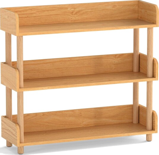 3 etasjes bokhylle i tre med åpen design og sideskinner