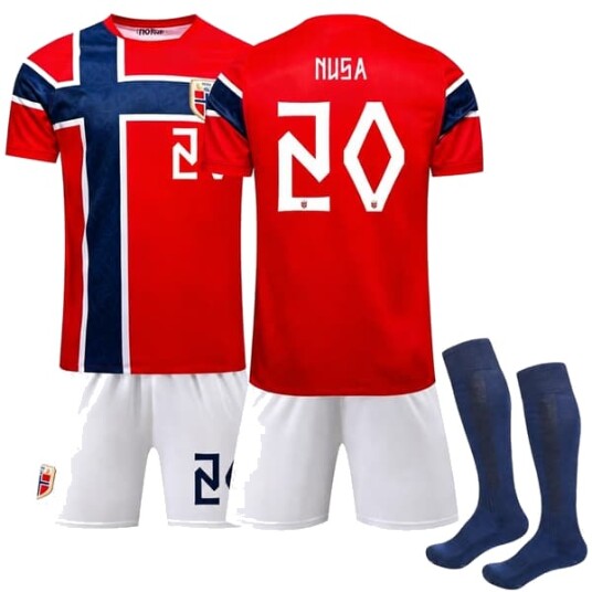 Norges landslagsdraktsett for barn og unge under VM 2026 (inkluderer trøye, shorts og sokker, trykt med navn og nummer 20, Noussa) M Adult version