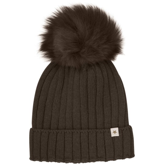 Huttelihut Dark Brown Melange Lue Strikk Alpaca Pompom 8-10 år/55