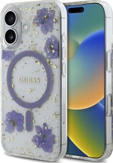 GUESS Resin Flowers Glitter MagSafe case for iPhone 16 - purple