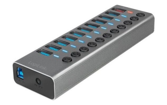 LogiLink USB 3.2 Gen 1 hub 10-port + 1x Fast Charging port on/off switch USB-hub - 11 porter - Grå