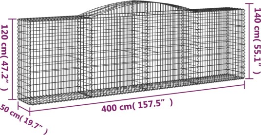 vidaXL Gabionkurv buet 400x50x120/140 cm galvanisert jern