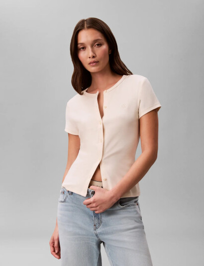 Calvin Klein Jeans Ss 1X1 Refined Rib Button Up Cre Cream L