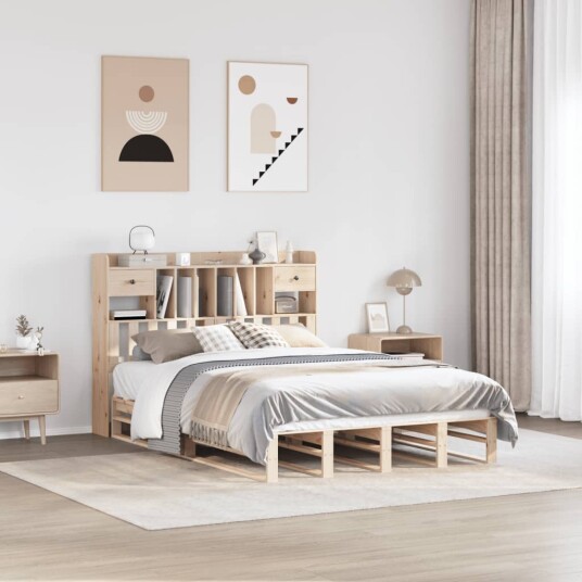 Seng med bokhylle uten madrass 150x200 cm heltre furu 8721158627490
