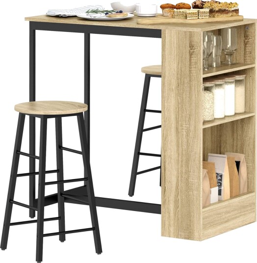 Barbord med barstolsett 3 stk. Barbordsett med kjøkkenbord Oppbevaring 2 stoler Fotstøtter Moderne Stil Plassbesparende Spisest Barbord med barstolsett 3 stk. Barbordsett med kjøkkenbord Oppbevaring 2 stoler Fotstøtter Moderne Stil Plassbesparende Spisest