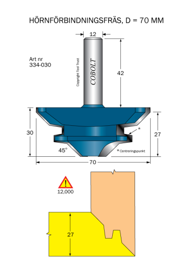 Cobolt 334-030 Hjørnefugefres 45° D=70 L=30 TL=72 S=12 Maskintilbehør & forbruk