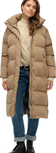 Superdry Longline Hooded Puffer Jacket Beige S Superdry Longline Hooded Puffer Jacket Beige S