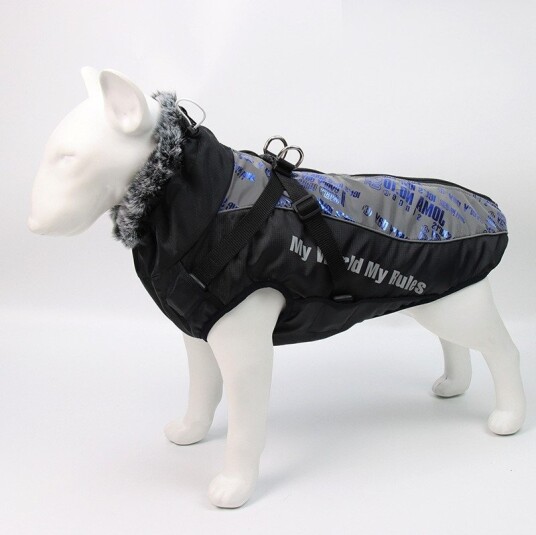 Vinterdekken til hund med refleks sele og varm krage 4XL Blå