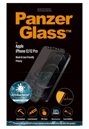 PanzerGlass Antibakteriell Privacy Skjermbeskytter til iPhone 12/12 Pro - Edge-to-Edge, Case Friendly, Svart