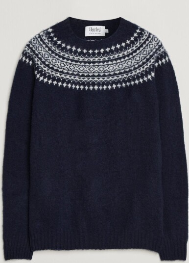 Harley Of Scotland Brushed Supersoft Lambswool Yolk Fairisle Navy/Snow