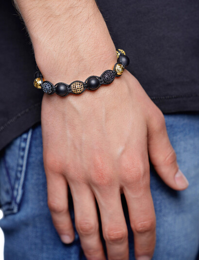 Nialaya Men"s Beaded Bracelet With Matte Onyx And Black/Gold Cz Diam   Gold   M 17 cm