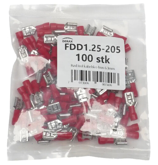 Rød isol kabelsko hun 6.3mm 100 stk Rød pose med 100stk Rød isol kabelsko hun 6.3mm 100 stk Rød pose med 100stk