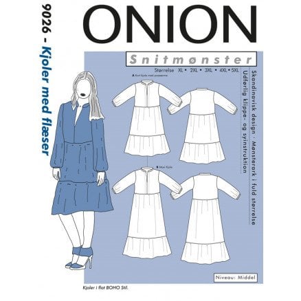 ONION Snittmønster Pluss 9026 Kjole med Volanger Str XL 5XL