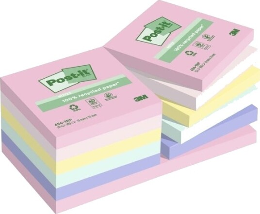 Post It Post It Recycled Assorteret 76X76mm Pakke A 12 Stk