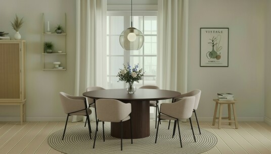 Bark Kopparbo Rundt Spisebord 180 cm med 6 Filip Spisestoler Valnøtt / Taupe Bouclé