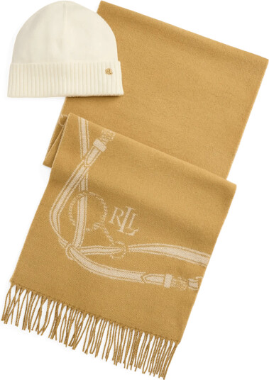Lauren Ralph Lauren Belting-Motif Scarf & Beanie Gift Set - Beige - ONE SIZE