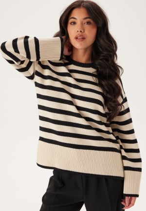 Pieces Pcava Ls O-neck Slit Knit Birch Stripes:Black L
