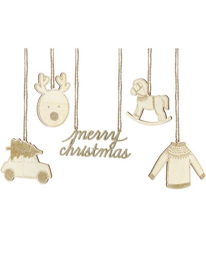10 stk Tags i Treverk med 5 Forskjellige Juledesign