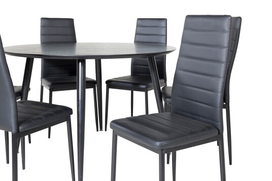 Dipp Spisegruppe 115 cm Rund med 6 Slim Stoler Sort