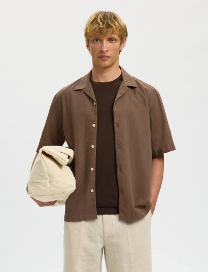 Selected Slmrlxclay Linenblend Ss Shirt Res Noos Brown XL