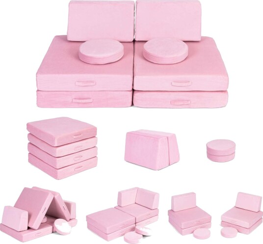 Stor sammenleggbar barnesofa med 8 rosa puter