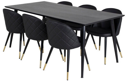 Venture Home Dipp Spisegruppe 180 cm Rektangulær med 6 Velvet Stoler Sort/Guld