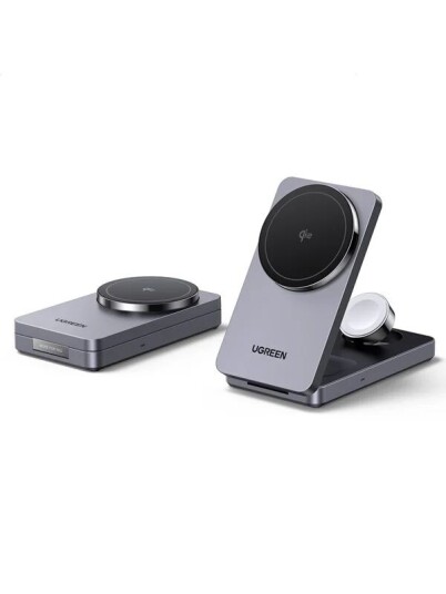 UGREEN 3-i-1 Magnetisk Trådløs Lader 15W for iPhone, AirPods og Watch Grå