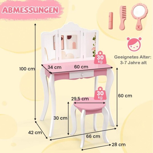 2 i 1 sminkebord for barn med krakk og 3 fold avtagbart speil og skuff sminkebord