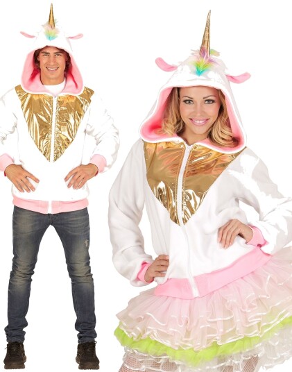 Hvit Unicorn Genser med Hette og Horn Strl S/M
