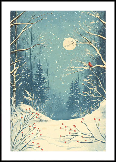 Red Bird in Snowy Forest Plakat Plakat / 40x50cm
