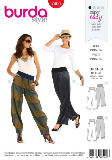 Burda 7400 -  Bukse EUR: 34-60, US: 8-34