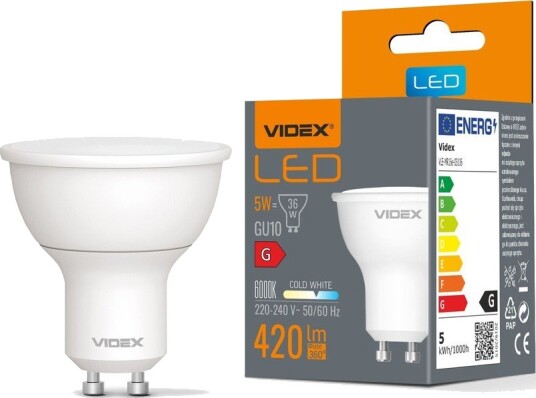 Videx GU10 5W LED pære   MR16 420lm 120 grader 6000K kald hvit   Kulør : Kald