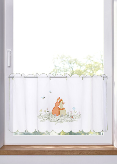 bonprix Kafegardin med broderte harer 6 (H/B: 60/145 cm),1 (H/B: 30/90 cm),2 (H/B: 30/120 cm),3 (H/B: 45/90 cm),4 (H/B: 45/120 cm) hvit