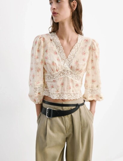 Mango Floral Lace Blouse Pink L