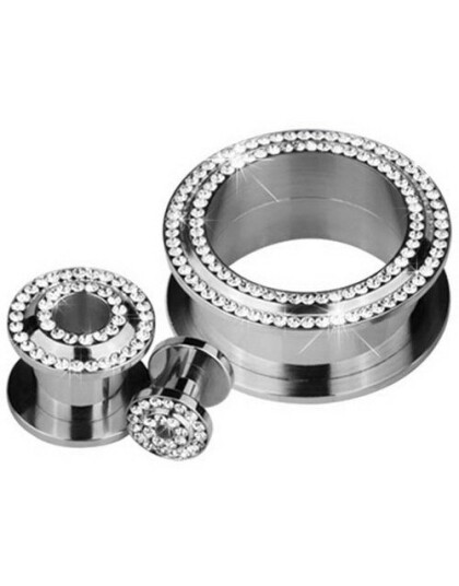 Sølvfarget Piercing Tunnel med 2 Rader Klare Stener 12 mm