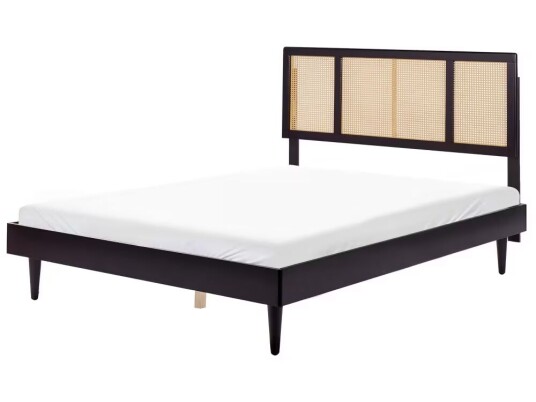 Beliani Seng Svart Lyst tre Gummitre 160 x 200 cm Sengegavl med flettverk Lamellbunn Minimalistisk og rustikk stil Dobbeltseng Sengeramme Soverom