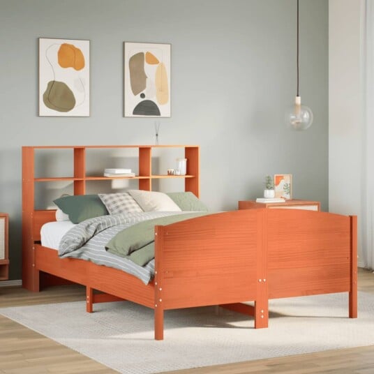  Seng med bokhylle uten madrass voksbrun 135x190 cm heltre furu 8721158619020