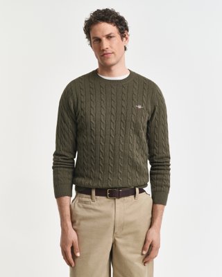 Gant Kabelstrikket genser i bomull med rund hals KHAKI GREEN MELANGE L