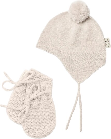 Copenhagen Colors Merino Knitted Baby Bonnet W. Pompom + Baby Mittens   PALE CREAM MELANGE   4 9M